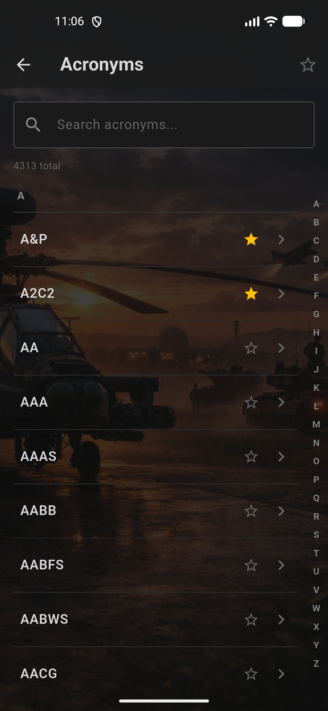 Acronym List screen