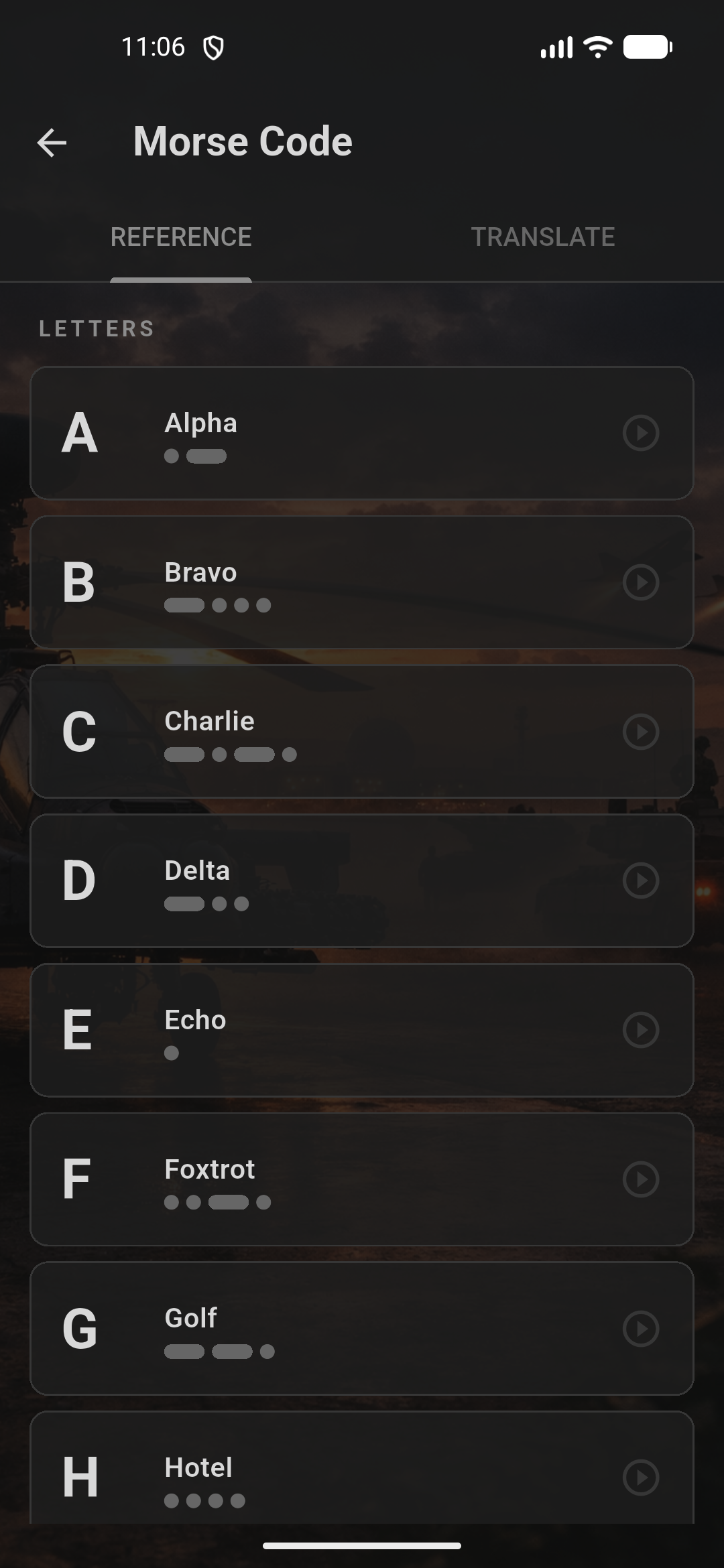 Morse Code List screen